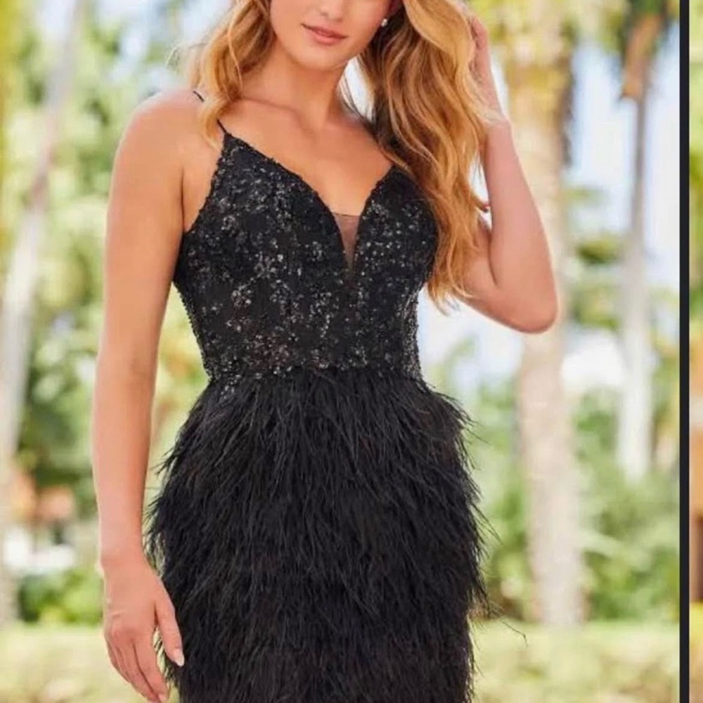 Black Sequin & Feather V-Neck Prom Dress by